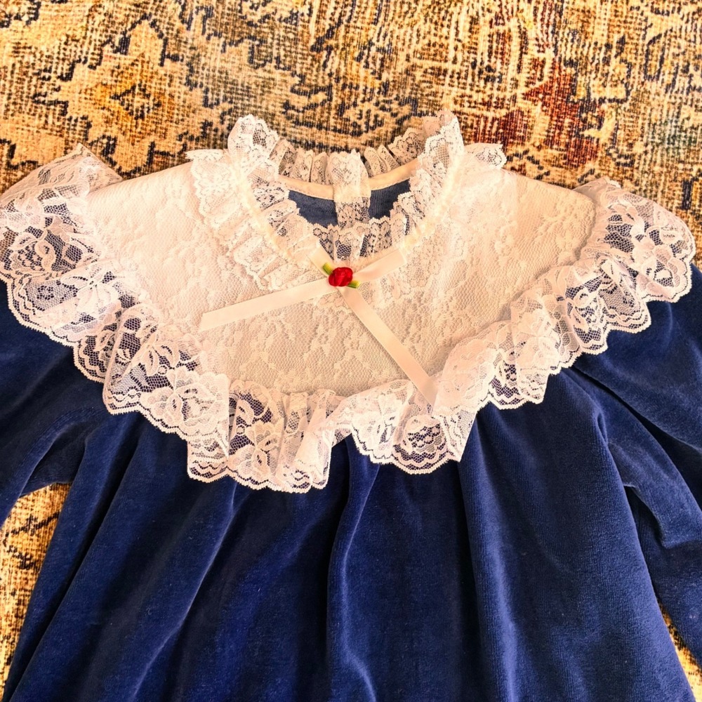Vintage Evy Girls Royal Blue Velvet Lace Collar Dress Size 6 S4849K Made in USA - Picture 2 of 7